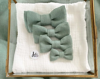 Sage / eucalyptus / green linen bow tie, wedding accessories, knot, man, child, woman, ceremony, civil partnership,