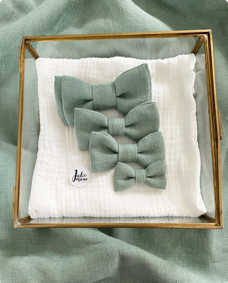 Sage / eucalyptus / green linen bow tie, wedding accessories, knot, man, child, woman, ceremony, civil partnership, image 1