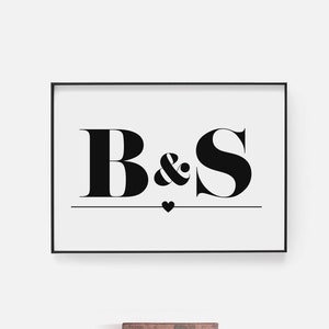 Impresión inicial simple en blanco y negro / Póster de decoración del hogar / Impresión de carta / Regalo de aniversario personalizado / Regalo personalizado para parejas