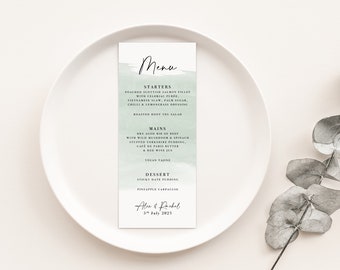 Sage Green Wedding Menu Cards, Simple & Elegant Dinner menu with watercolour splash