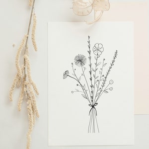 Bouquet minimalist illustration print | Hand drawn art | Floral Bouquet Wall Print | Line Drawing Art Print | black and white wall print