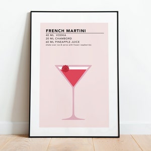 Impresión de Martini francés / Tarjeta de recetas de cóctel / Póster de cóctel / Póster de martini francés / Regalo de cóctel para ella