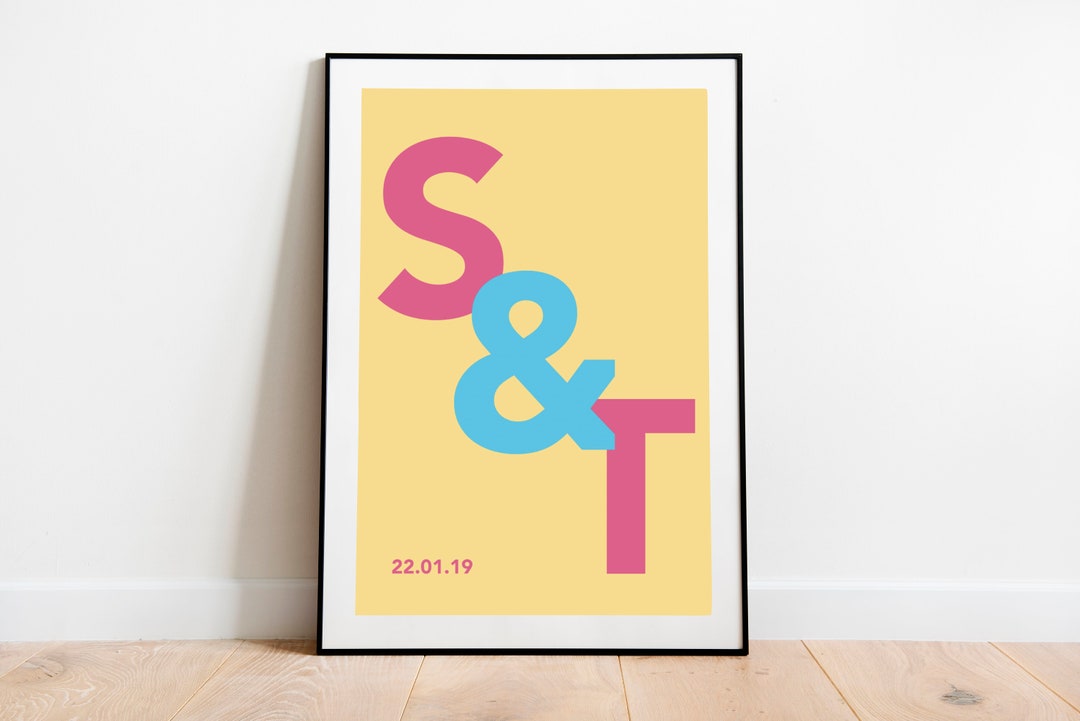 Couple Initials Poster Pink Wall Art Print Bright Printable Wall Art
