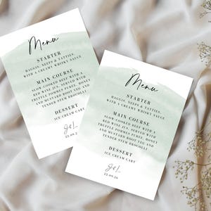 Karty menu weselnego w kolorze szałwii, proste i eleganckie menu kolacji z akwarelą, zielone menu weselne na śniadanie