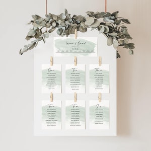 Tarjetas personalizadas para el plano de mesa de boda. Plano de asientos para boda en verde salvia. Tarjetas personalizadas para el plano de mesa de boda.