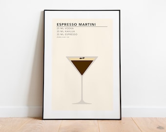 Impresión de Espresso Martini / Decoración del carrito de bar con impresión de cócteles / Cartel de Espresso Martini / Cartel de cóctel de arte de pared de cocina
