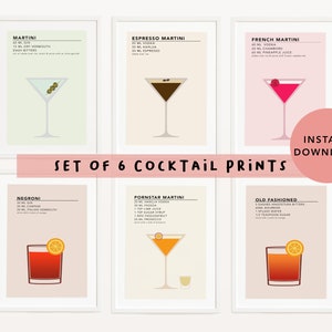 Set de 6 carteles de cóctel arte mural imprimible / Descarga instantánea Conjunto de impresión de cócteles / Galería de juegos de pared / Bar Cart Decor Digital Download