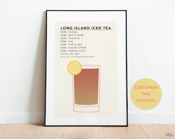 Long Island Iced Tea Print / Tarjeta de recetas de cóctel / Póster de cóctel / Long Island Iced Tea Poster