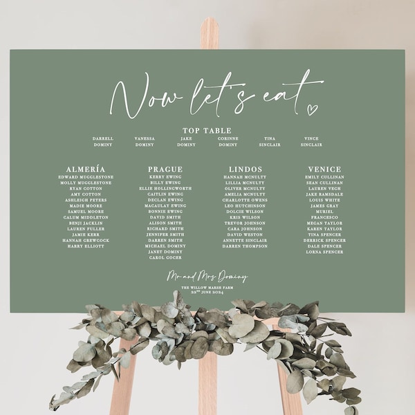 Sage Green Wedding Table Plan | Banquet Seating Chart Landscape Wedding Sign | Large Table Plan Board for long tables