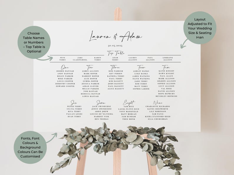 a wedding seating chart with eucalyptus leaves on a wooden easel