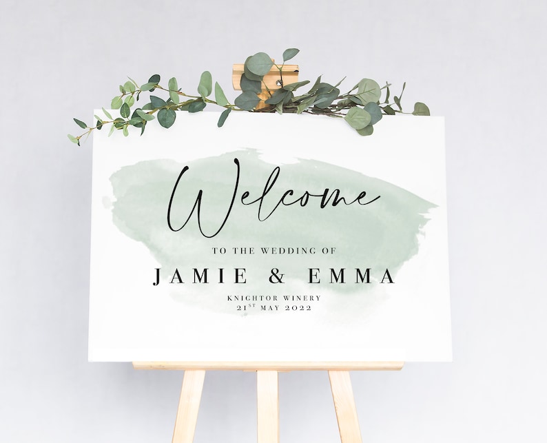 Wedding Welcome Board with sage green colour splash | Rustic Fall Wedding Signage | Welcome to our wedding sign image 3
