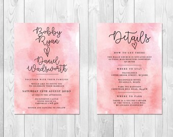 Personalised Romantic Blush Watercolour Style Wedding Invite Suite
