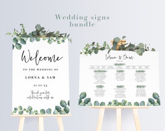 Wedding sign boards bundle - Set of 2 Eucalyptus Sage Wedding table plan and wedding welcome sign | Wedding bundle