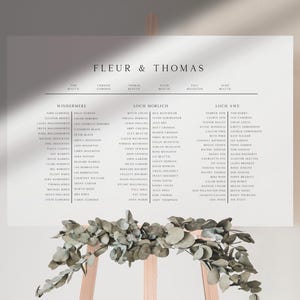 May include: A wedding seating plan featuring the names "FLEUR & THOMAS" at the top, with guest names listed under Windermere, Loch Morlich, and Loch Awe. The design is minimalist, with a clean, elegant font.