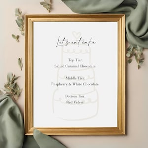 Personalisierte Hochzeitstorte Geschmacksrichtungen Zeichen, gedruckte Hochzeit Signage Kuchen Menü