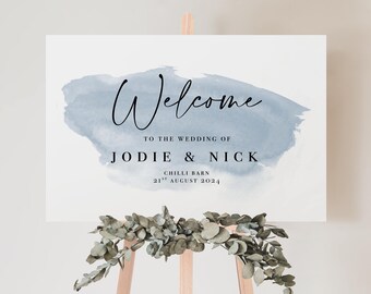 Navy Wedding Welcome Board with watercolour Blue Wedding Signage | Welcome to our wedding sign