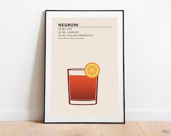 Impresión artística de Negroni / Tarjeta con receta de cóctel / Póster de Negroni / Póster de Negroni / Decoración del hogar Regalo del Día del Padre de Negroni