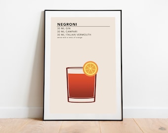 Negroni Art Print | Cocktail Recipe Card | Negroni Poster | Negroni Poster | Home Decor  Negroni Fathers Day Gift