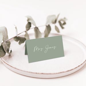 Tarjetas de nombre para bodas con temática de vegetación verde oliva y salvia, tarjetas de lugar para bodas color salvia, nombres de mesas, tarjetas de lugar para bodas