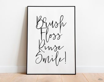 Brush Floss Rinse Smile Print | Badezimmer Poster | Badezimmer Schild | Minimalistisches Badezimmer Dekor