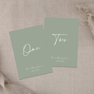 Noms de table de mariage personnalisés vert sauge, numéros de table de mariage personnalisés imprimés