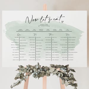 May include: A white seating chart with the words "Now let's eat" in elegant script, over a pale green watercolor wash. The chart lists names under numbered headings. The sign is displayed on a wooden easel, decorated with greenery.