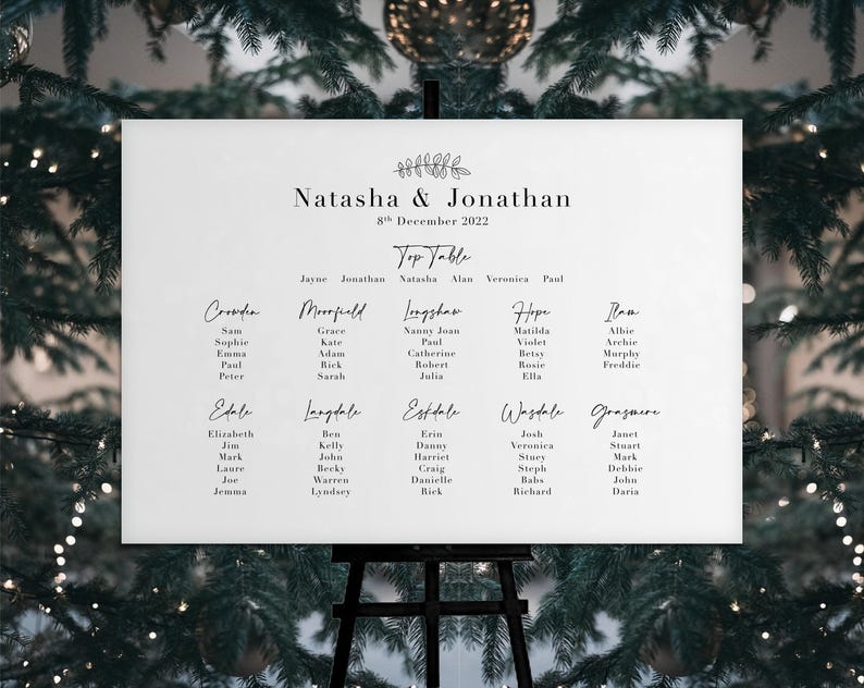 Wedding Seating Chart Table Plan Board | Winter Wedding Sign Minimalist Theme image 2