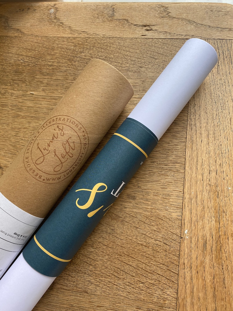 Puede incluir: Dos carteles enrollados, uno con un tubo de papel marr&oacute;n y una etiqueta blanca con el texto "James & Lucy Illustrations & Art", y el otro con un tubo de papel azul y una etiqueta blanca con el texto "The Little Fox".