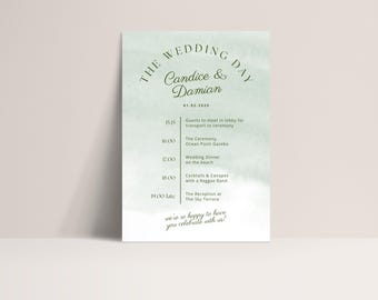 Letrero de orden del día con acuarela verde salvia Letrero de día de cronología de boda personalizado Letreros de boda de color verde salvia