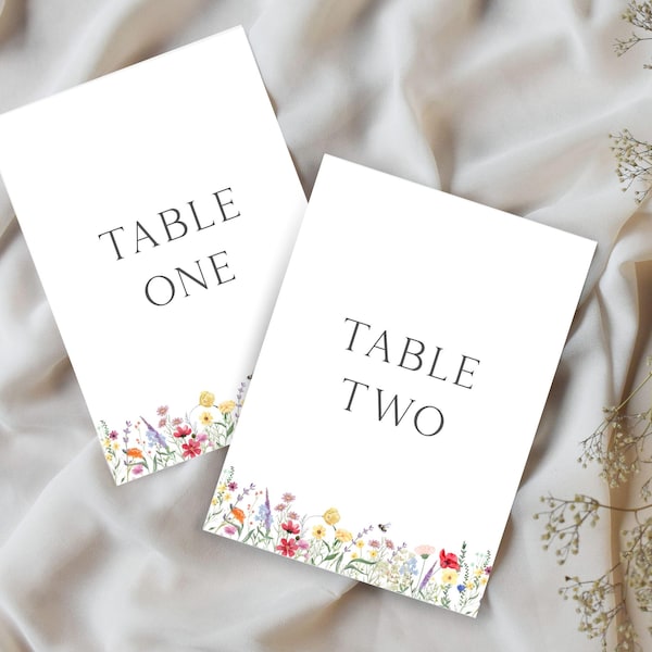 Letreros con números para mesas de boda con flores silvestres