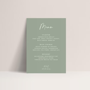 Sage Grünes Hochzeitsmenükarten, Einfaches & Elegantes Abendmenu, Hochzeitsmenükarten