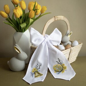 Fiocco per cestino di Pasqua, nastro bianco ricamato, fiocco decorativo con ricamo, decorazione per cestino festivo, regalo per le vacanze di primavera, elegante papillon