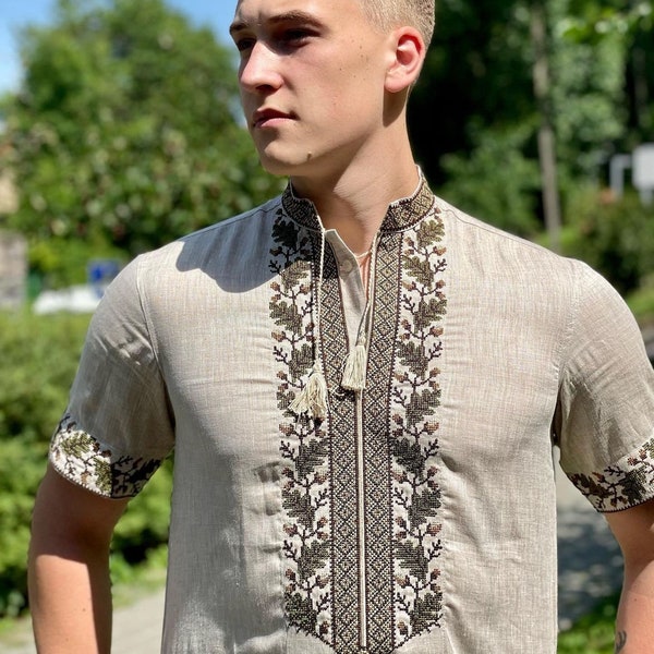 Ukrainian Vyshyvanka Sorochka, Slavic Man Traditional Shirt, Linen Short SLEEVES Shirt, Oak Embroidered Shirt, Unbleached Linen Shirt