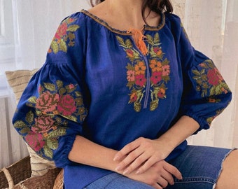 Blue linen tops for women, Ethnic Embroidered Blouse, Ukrainian Vyshyvanka Shirt