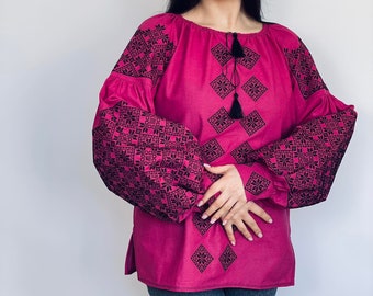 XXS - 7XL Ukrainian Vyshyvanka Blouse, Fuchsia Pink Embroidered Top, Ukraine Vishivanka Shirt, Bohemian Boho Style Top, Black Embroidery Top