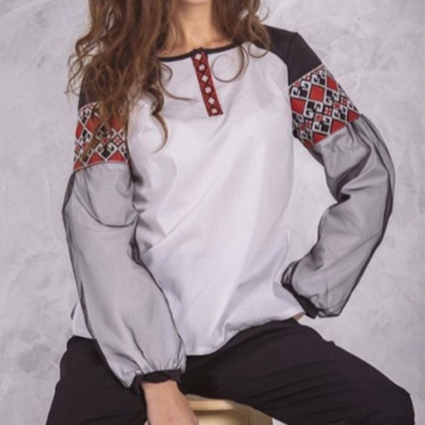 Ukraine Vyshyvanka Blouse, Sheer Embroidered Sleeves, Ukrainian traditional Vishivanka, Folklore Style Top