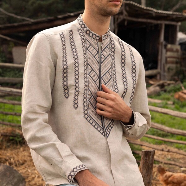 Natural Linen Embroidered Shirt, Ukrainian Vyshyvanka Sorochka, Men's Boho Folklore Shirt, Hippy Style Linen Top