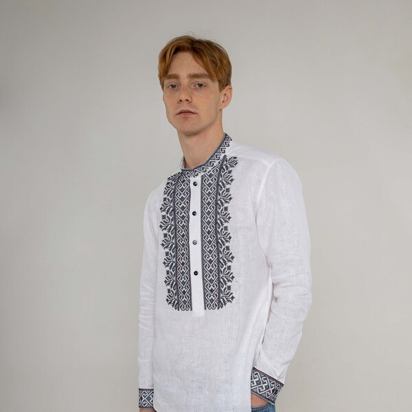 Linen Man Shirt, Ukrainian Vyshyvanka, Embroidered Falax Shirt, Gift for Him, Gender-Neutral fashion trends, Bohemian Boho Style Shirt