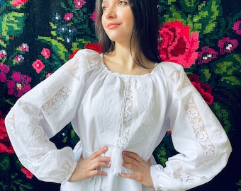 Ukrainian Vyshyvanka, Embroidered Blouse, Vyshyta Sorochka, White on White Top, Blouse with Lace, Ukraine Vishivanka Shirt, Mother's Gift