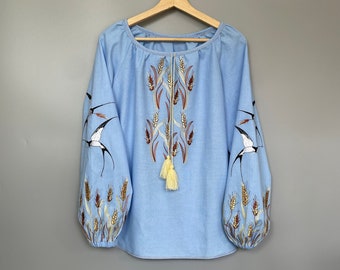 Swallows and Wheat ears Embroidered Blouse, Ukrainian Vyshyvanka Sorochka, Embroidered weat ear top, Ukraine Vishivanka Shirt, Mother's Gift
