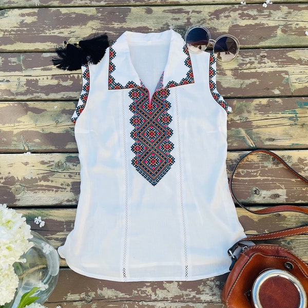 Sleeveless Embroidered Top, Ukrainian Vyshyvanka, Boho Style Blouse