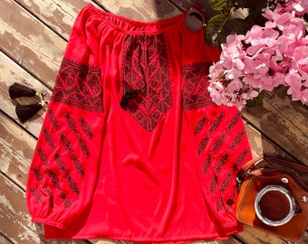 Bohemian Embroidered Blouse, Ukrainian Chiffon Vyshyvanka, Handmade Red Top, Plus Extended Size