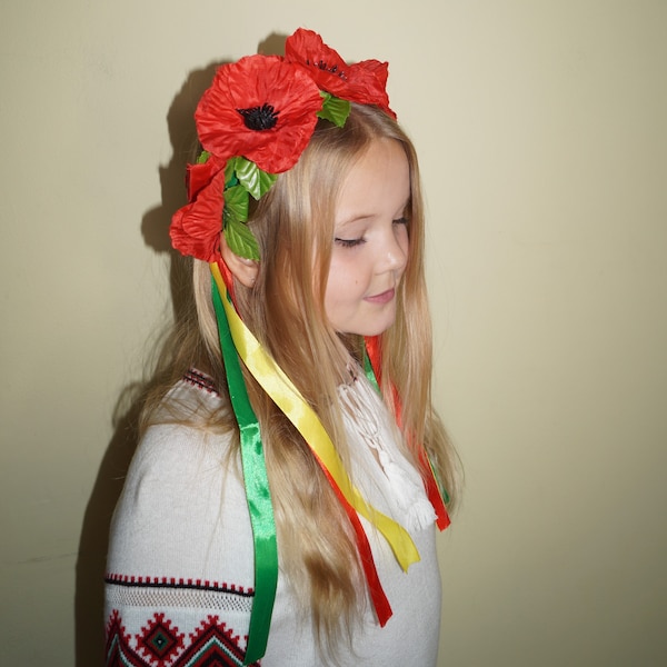 Red poppy wreath, Floral poppies headband, Ukrainian vinok, Ethnic accessories