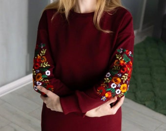 Floral Jersey Dress, Ukraine Vyshyvanka dress, Boho Chic Folklore Dress, Floral Knitted Dress, Ukrainian gift shop