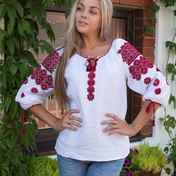 Ukrainian Traditional Blouse, Blue Linen Embroidered Blouse, Ukrainian Vyshyvanka Shirt, Bohemian Chic Style Top