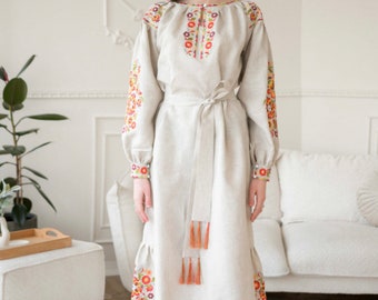 Collection 2024 Long Linen Dress, Ukrainian Vyshyvanka Dress, Floral Bohemian Dress, Embroidered Summer Boho Dress, Gift for Mother