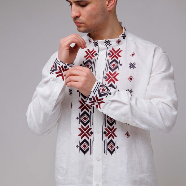 Linen Man Shirt, Ukrainian Vyshyvanka, Embroidered Falax Shirt, Gift for Him, Gender-Neutral fashion trends, Bohemian Boho Style Shirt