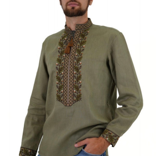 Ukrainian Vyshyvanka Sorochka, Slavic Man Traditional Shirt, Linen Embroidered Shirt, Oak Embroidered Shirt