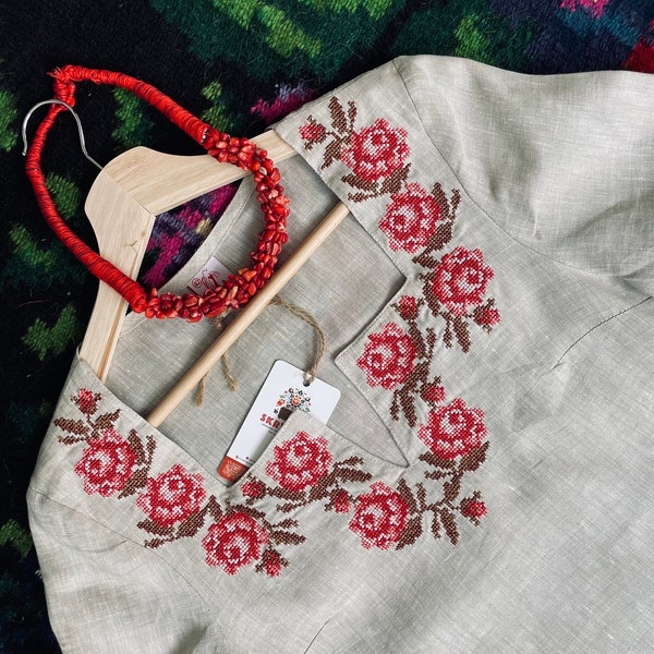 SALE, Small Size, Linen Embroidered Blouse, Ukrainian Vyshyvanka Sorochka, Linen Top Floral Embroidery, Ukraine Shop