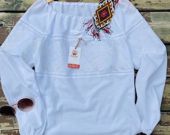 White on White Embroidered Blouse, Ukrainian Vyshyvanka Sorochka, Folklore Ethnic Style Top